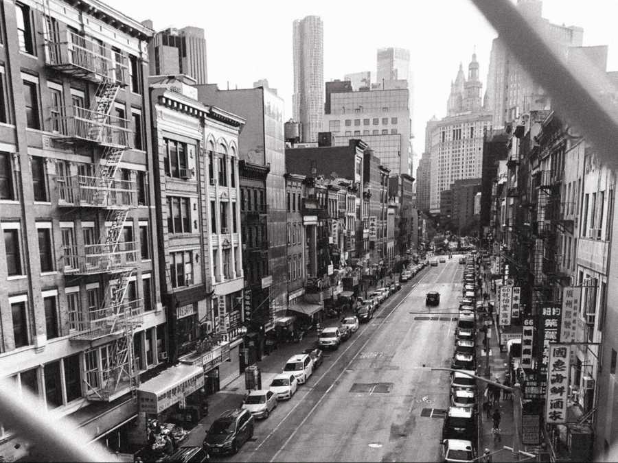 Black and white image of Broadway from above.
