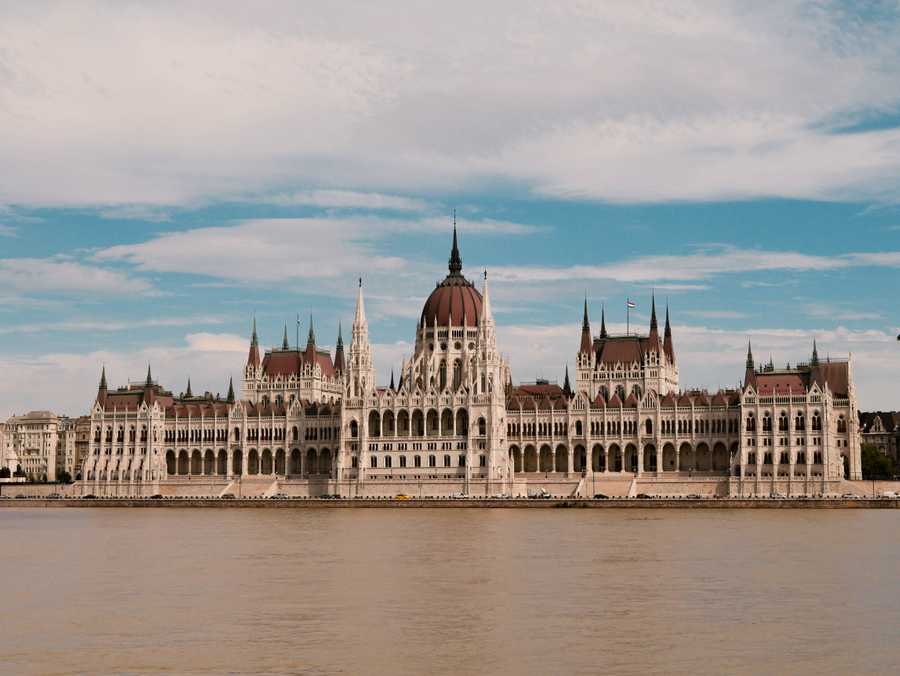 The elaborate neo-gothic Hungarian Parliament Building nestled on the eastern bank of the Danube River.