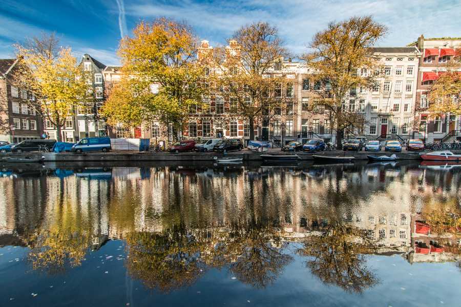 Reflection of autumnal trees and houses in one of Amsterdam's canals.