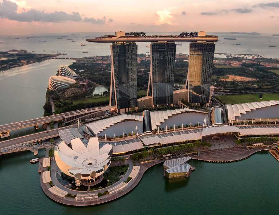 View of the Marina Bay Sands Hotel which is designed to look like a boat sitting above the three 55-storey towers.